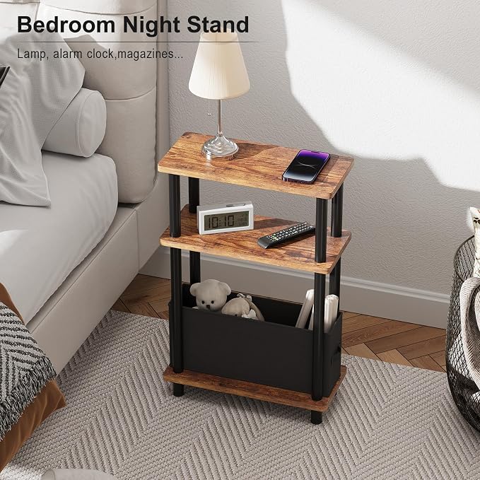 Apicizon Small Narrow Side Table, 3-Tier Skinny End Table for Small Spaces, Slim Nightstand with Fabric Basket, Bedside Table for Living Room, Bedroom, Rustic Brown and Black