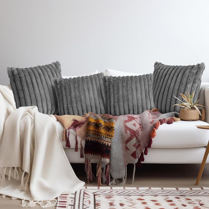 VitalCozy Throw Pillow Covers Set of 6 18x18 Decorative Neutral Couch Throw Pillow Covers Faux Fur Pillowcase Soft Velvet Farmhouse Boho Striped Decor for Bed, Sofa(Gray)