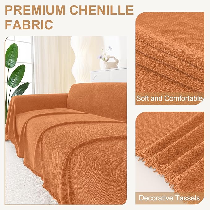 Smiry Couch Cover for Dogs, Washable Chenille Sofa Covers for 3 Cushion Couch, Soft Sofa Slipcover for Pets, Thick Sectional Furniture Protector with Tassels (Orange, 71x134 Inch)