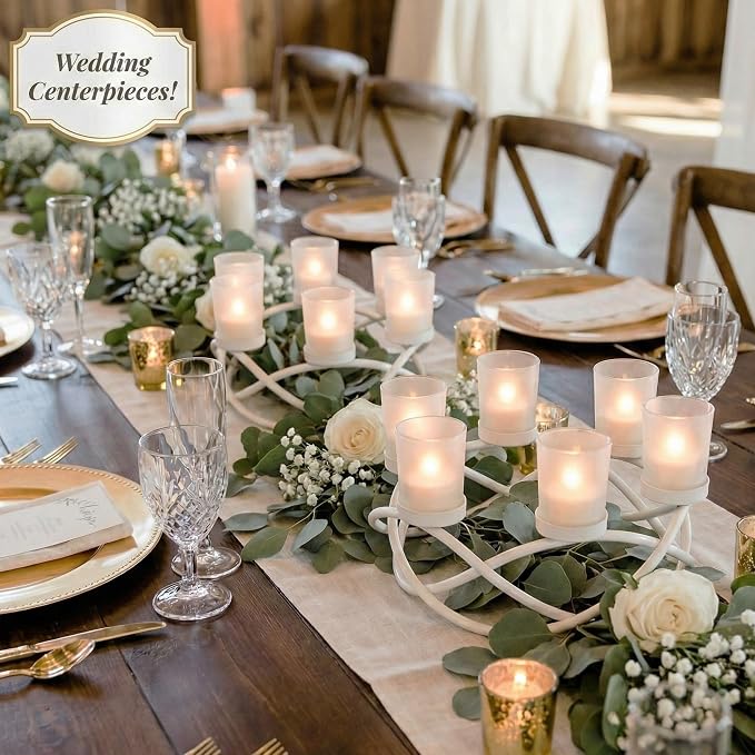 Seraphic Tealight Candle Holder Centerpieces for Wedding Decor, White | Wedding & Event Centerpiece, Round Wrought Iron 6 Votive Cups, Patio & Dining Table Decor, 10.5in Round