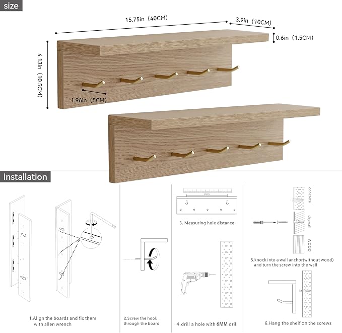 Marine Plywood Wall Mounted Coat Rack with Shelf & Key Hooks, 5 Brass Hooks Entryway Organizer, Modern Floating Shelf for Bedroom Hallway, Space-Saving Home Storage Rack (2, Oak Finish)