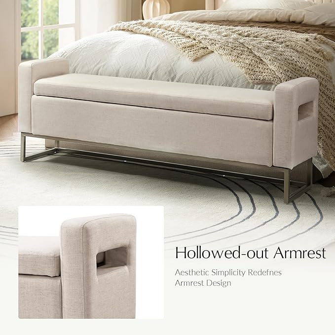 58.4" Ottoman with Storage,Upholstered Entryway Bench for Bedroom and Living Room,End of Bed Bench with Metal Base，Beige