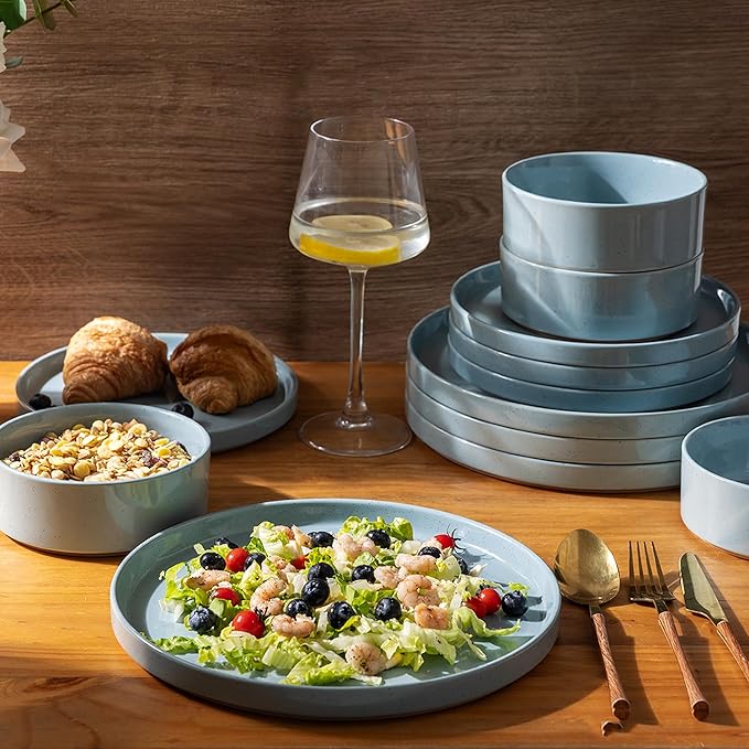 AmorArc Ceramic Dinnerware Set for 6 | Speckled Stoneware Plates and Bowls with Rustic Terracotta Underside| Scratch Resistant,Dishwasher & Microwave Safe Dishes Sets- 18pcs Blue
