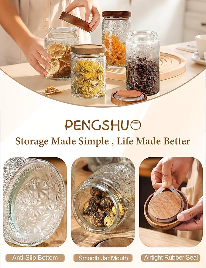 Vintage Glass Jar with Wood Lid - Christmas Airtight Canisters for Kitchen Countertop Bathroom, Storage Candy, Cookie, Coffee, Apothecary, Sugar, Flour,Pet Treat (Begonia, 34oz/1000ml)