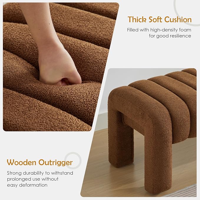 43.3" Bedroom Bench, Upholstered Brown Boucle Ottoman, Modern Tufted Dining Bench with Solid Wood Legs and Adjustable Foot Pegs for Entryway, Dining Room and Living Room (Rust Brown Boucle)