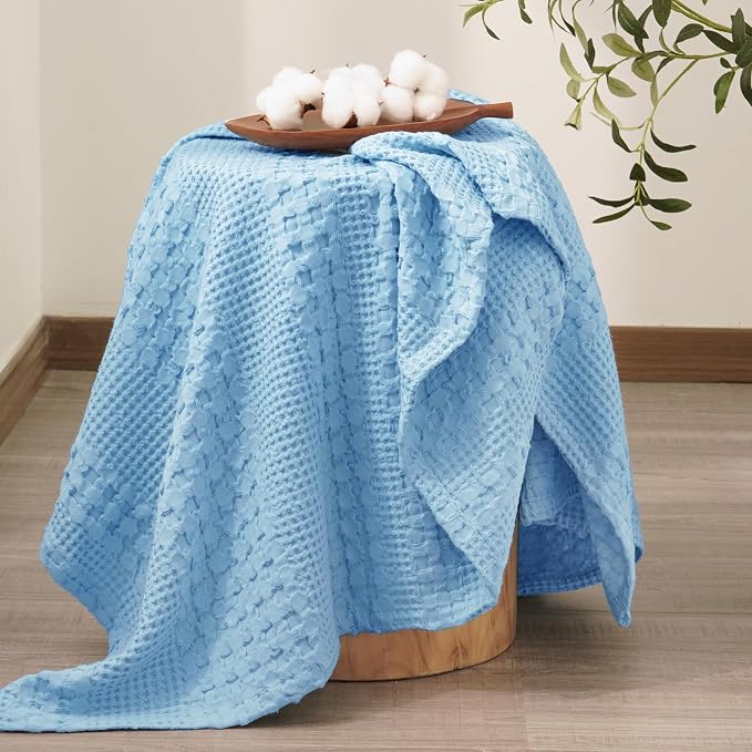 PHF 100% Cotton Waffle Throw Blanket for Couch, Lightweight Breathable and Soft for Summer, Luxury Aesthetic Waffle Weave Blanket for Home Decor & Office, Gifts for Women, 50"x60", Airy Blue