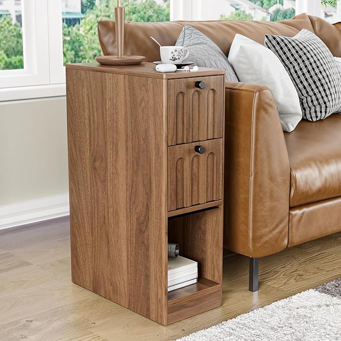 Narrow Walnut Nightstand Set of 2, Small Bedside Table with Arched Drawer, Wood Nightstand, Skinny Side End Table, Mid Century Modern Night Stand for Bedroom, Small Spaces, Slim, Vintage