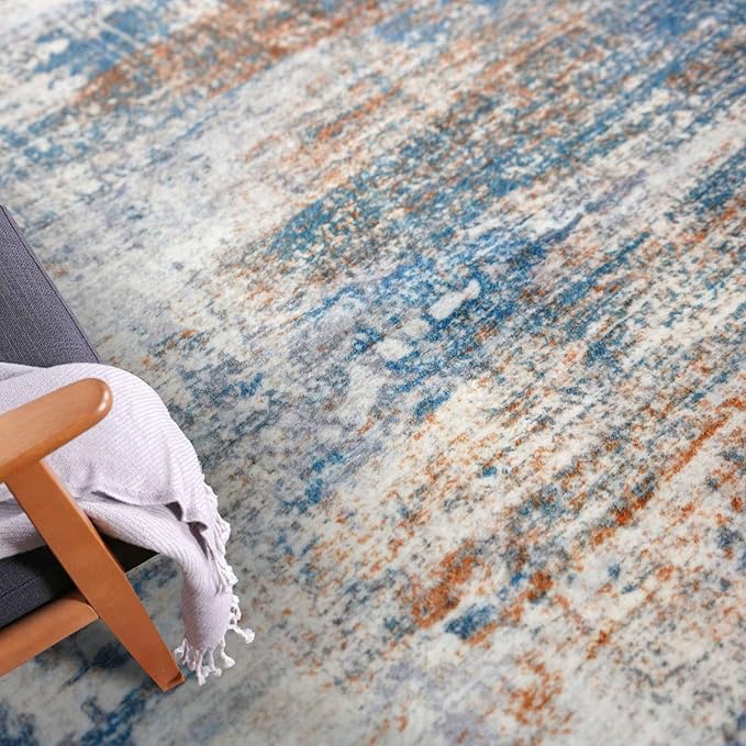IOHOUZE Small Abstract Area Rug 2x3 Ft Entryway Rugs Washable Door Mat Indoor Entrance, Rubber Backed Throw Rugs, Printed Faux Wool Non Slip Floor Carpet for Foyer Front Door Sink, Blue Rust