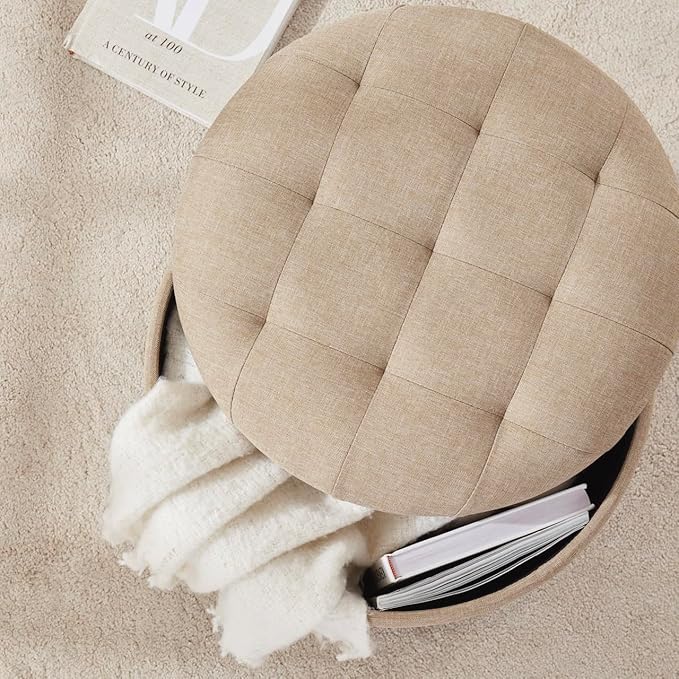 Ornavo Home Decor Round Ottoman with Storage, Round Vanity Chair Stool Ottoman Pouf with Storage for Living Room and Bedroom, Linen Beige