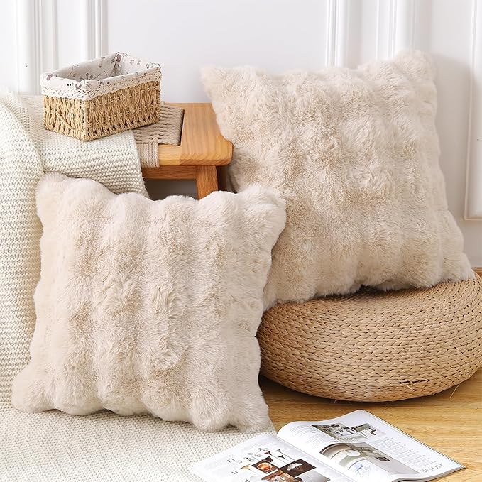 MADIZZ Pack of 2 Thick Plush Faux Wool Throw Pillow Covers Soft Boho Throw Pillows Luxurious Cushion Covers for Couch Sofa Bedroom Living Room Home Decor 20x20 Inch Beige