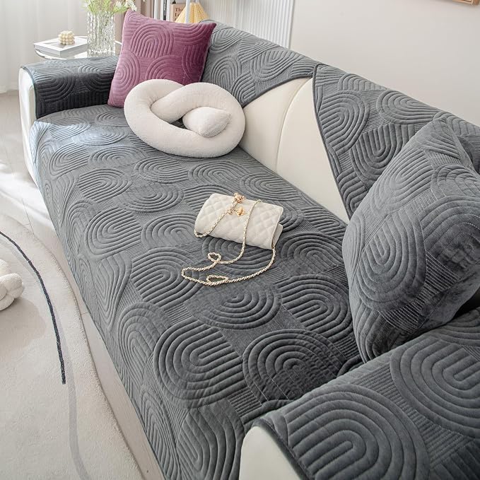 Soft Plush Geometric Quilted Couch Sofa Cover Boho Non Slip Fuzzy Sectional Couch Cover Solid Color Washable Sofa Slipcover Furniture Protector for Kids Dogs Cats (Dark Grey,28"x47")