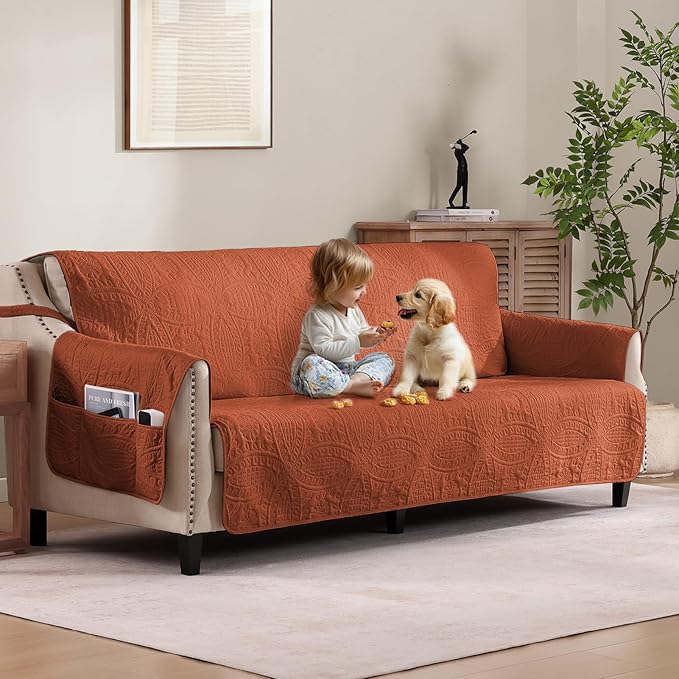 Burnt Orange Sofa Covers with Pockets, Anti-Slip Medallion Couch Covers for 3 Cushion Couch Sofa, Couch Cover for Dogs Water-Repellent Machine Washable (Large Sofa 68", Burnt Orange)