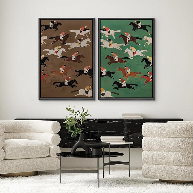SIGNWIN Framed Canvas Print Wall Art Set Vintage Horse Racing Jockeys Illustrations Modern Art Rustic Colorful Ultra for Living Room, Bedroom, Office - 16"x24"x2 Black