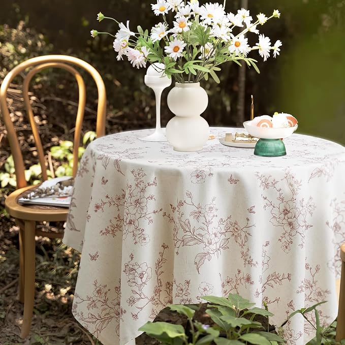 Table Cloth Square Floral Tablecloth Farmhouse Vintage French Rustic Brown Flowers Pattern Linen Burlap Textured Outdoor Table Cover for Picnic,Dining,Party,Home Decor 55x55 Inch