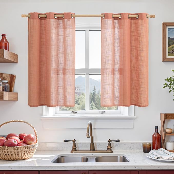 LAMIT Short Linen Curtains 40 Inch Length for Kitchen, Semi Sheer Light Filtering Window Curtains Farmhouse Boho Bronze Grommet Panels for Cafe/RV Camper, Terracotta, 2 Panels, 34 x 40 Inch