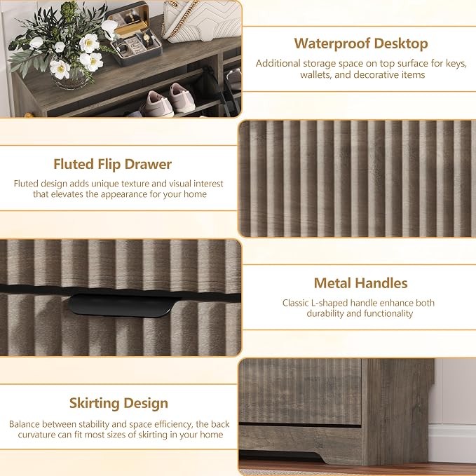 HUANLEGO Shoe Cabinet Storage for Entryway with 3 Flip Drawers, Grey Fluted Shoe Cabinet with Adjustable Shelves, Wooden Hidden Shoe Rack Freestanding Narrow Slim Shoes Storage for Hallway, Entrance