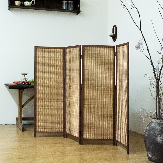 4 Panel Short Room Divider – 3.9 ft Tall Double-Side Folding Privacy Screen, Natural Brown Bamboo Partition Wall for Home Office, Living Room & Corner Spaces