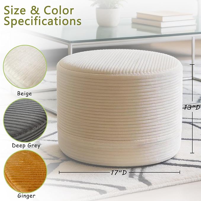 Thgonwid Corduroy Stuffed Round Pouf Ottoman, Foot Stool with One-Piece Cut High-Density Memory Foam, Furry and Fluffy Footstool, Compact Pouf Footrest for Living Room Bedroom, 17"x13", Cream White