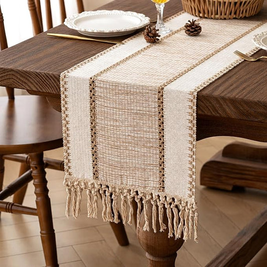 FEXIA Boho Table Runner with Tassels 72 Inch, Home Decor Handwoven Rustic Table Runner for Dining Table, Bohemian Farmhouse for Living Room, Kitchen Entryway Decoration, Beige (13x72 Inch)