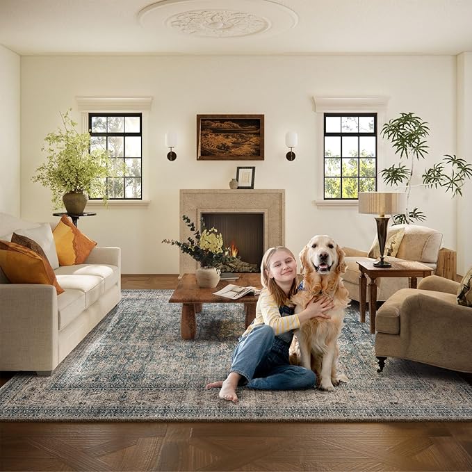 10x12 Large Rugs for Living Room: Washable Living Room Rug Stain Resistant Non Slip Distressed Vintage Carpet Low Pile Faux Wool Soft Rugs for Bedroom Farmhouse Dining Room Kids Playroom Nursery