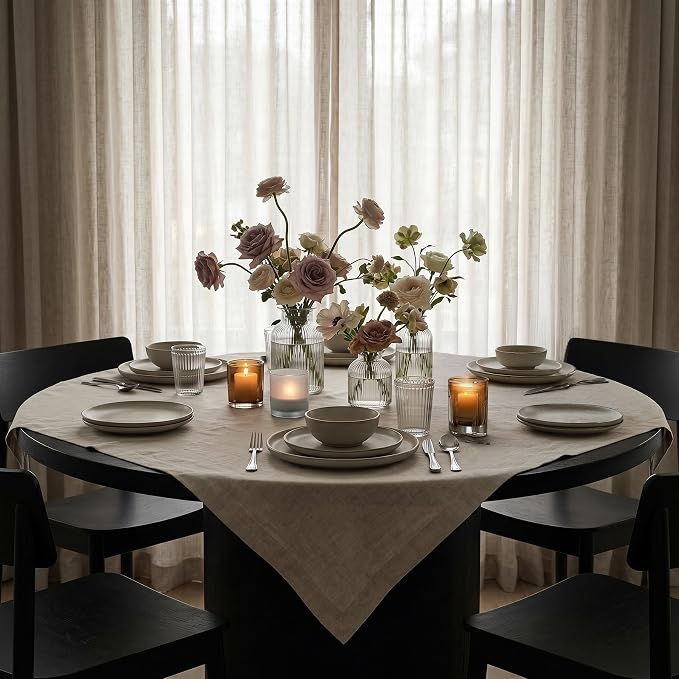 Solino Home Natural Linen Tablecloth 52 x 52 Inch - 100% Pure Linen Square Table Throw - Fete, Machine Washable Table Cloth for Summer