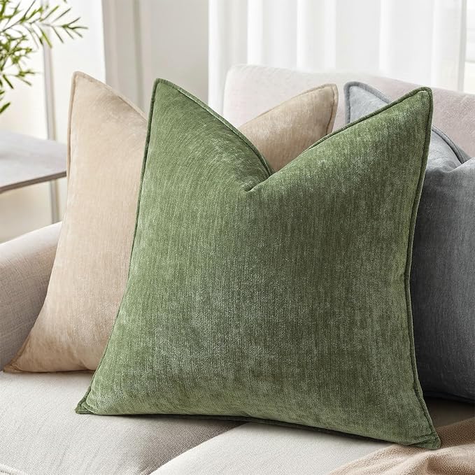 decorUhome Summer Couch Euro Sham Throw Pillow Covers 26x26 Set of 2, Decorative Soft Velvet Modern Cozy Chenille Pillow Cases with Elegant Design for Sofa Bed Living Room Home Decor, Olive Green