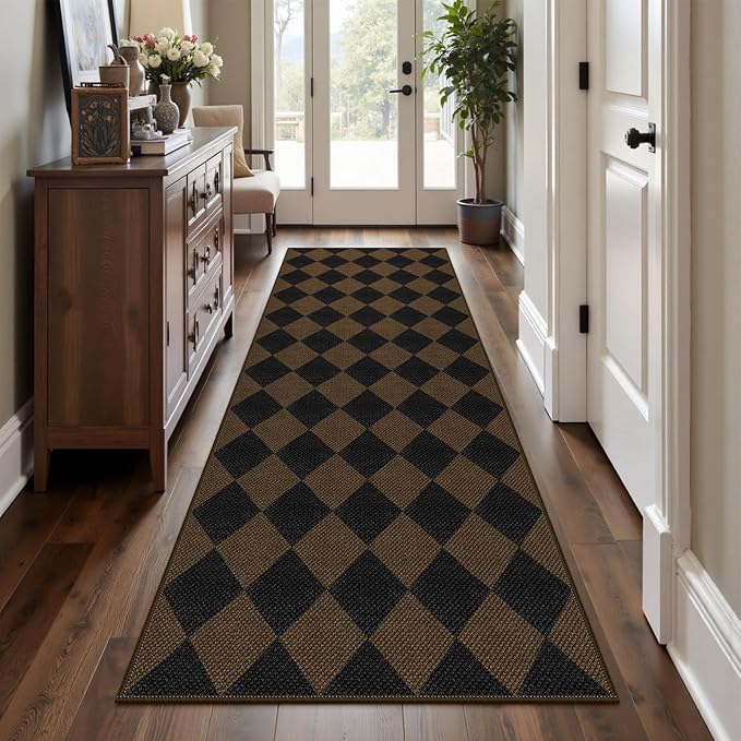 Rugalia Easy Jute Checkered Runner Rug, 2.6x8 Coffee Modern Washable Rugs Runner for Hallway Non-Slip Kitchen Runner Rug, Geometric Diamond Indoor Outdoor Carpet for Porch Laundry Entryway