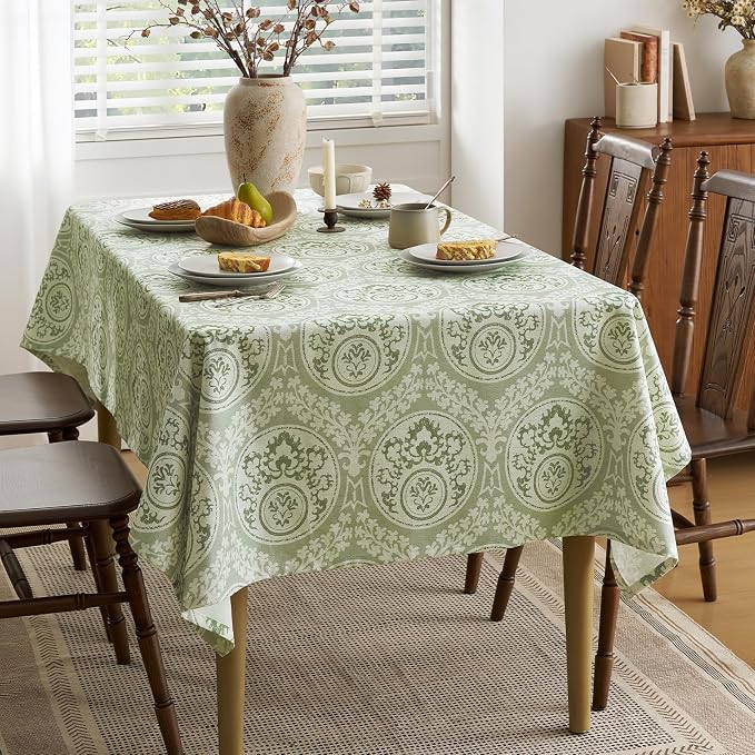 Vintage Green Floral Rectangle Tablecloth: Linen Printed Farmhouse Table Cloth - Damask Patterned on Burlap Textured Fabric Outdoor Table Cover for Kitchen,Dining,Party,Picnic Decor, 55x120 Inch