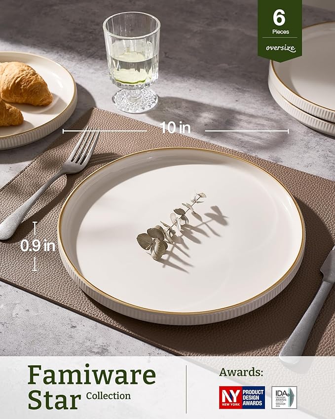 famiware Star Dinner Plates for 6, 10 inches Plate Set, Scratch Resistant, Stoneware Dinnerware, Kitchen Modern Rustic Serving Dishes, Vanilla White