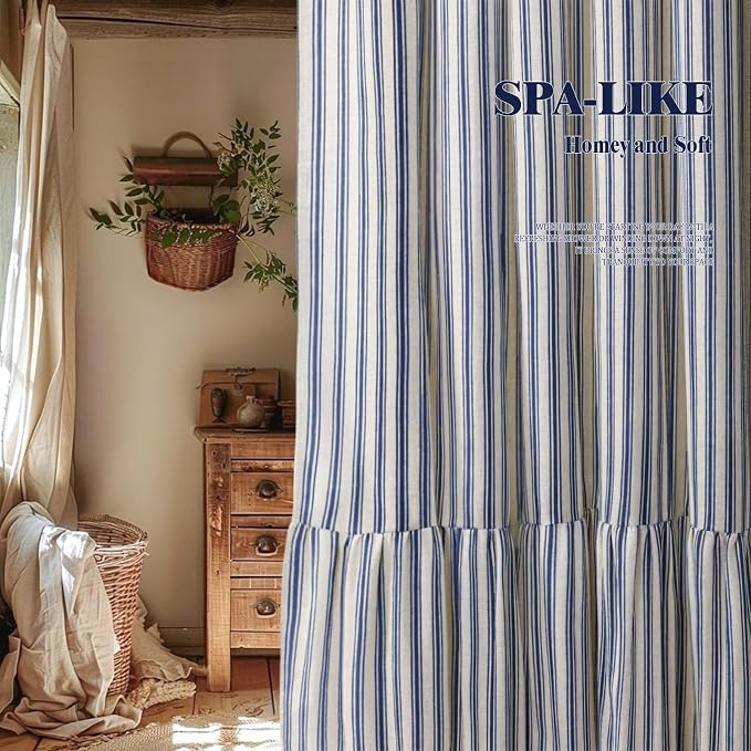 Farmhouse Shower Curtain with Ruffle Hem Linen Shower Curtains for Bathroom Country Vintage Rustic Natural Fabric, Cream-Blue Stripe 72" W x 90" L