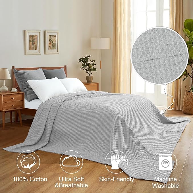 PHF Pre-Washed Cotton Waffle Weave Family Blanket,Oversized King Size 120"x 120"-Snag Proof Lightweight Breathable, 10'x 10' Huge Extra Large Big-Elegant Aesthetic Home Decoration Gift, Light Grey