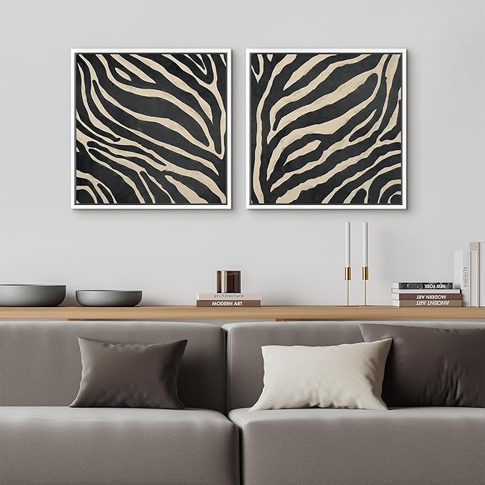 SIGNFORD Framed Canvas Print Wall Art Set Zebra Pattern Artwork, Black and Cream Animal Stripe Illustrations Modern Art Minimal Relax/Calm for Living Room, Bedroom, Office - 16"x16"x2 WHITE