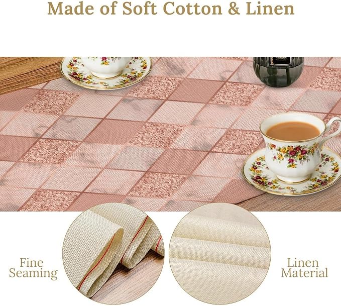 Marble Table Runner,Pink Gold Geometric Diagonal Marble Pattern Table Runner for Coffee Table Dining Room Table Bedroom Party Holiday Decor 13x120inch