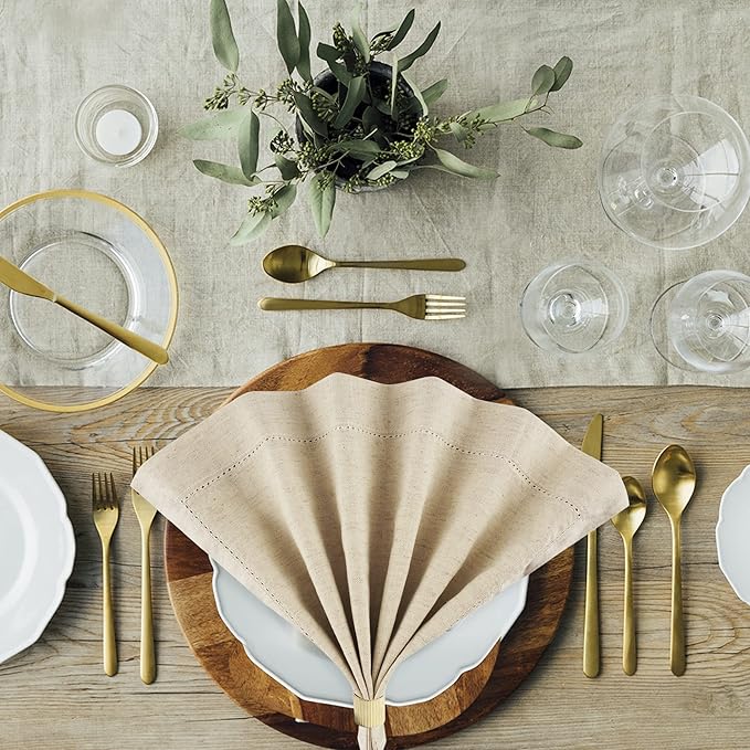SweetNeedle - (Pack of 12) - Linen Flax Napkins with Hemstitched Handmade Designer Dinner Cloth Napkins 20x20 in in Natural - Premium Look, Flax Cotton Blend - 100% Cellulose Natural Fiber