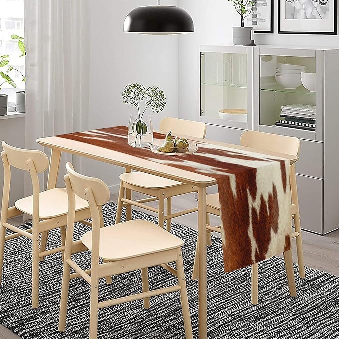Cow Print Table Runner, Rustic Country Farmhouse Animal Fur Skin Western Farm Brown Cowhide Print Dinner Runner for Home Kitchen Dining Table Decoration 13x36 Inch