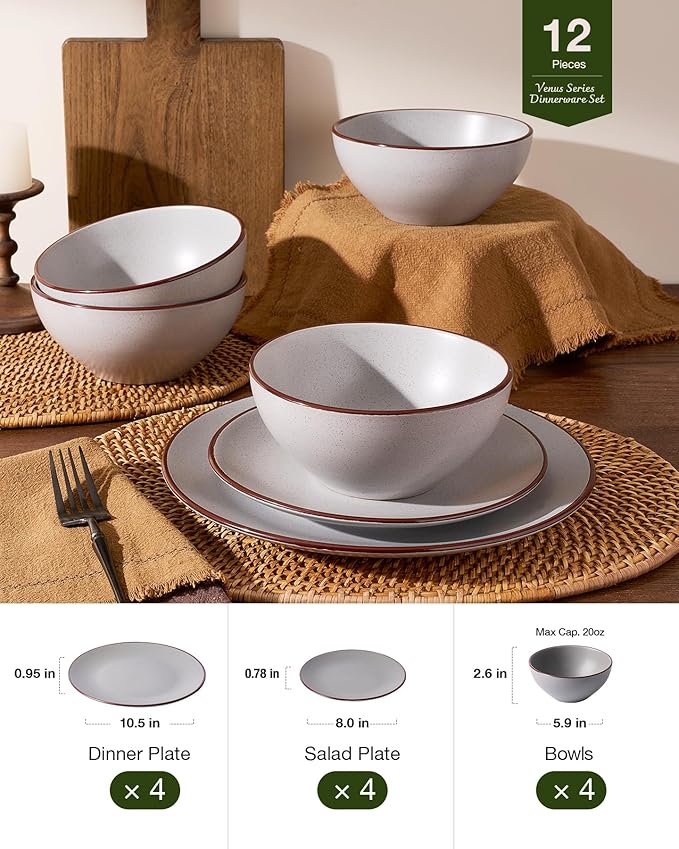 Famiware Venus Plates and Bowls Sets, 12 Pieces Stoneware Speckled Dishes Dinnerware Set for 4, Matte Light Gray - Microwave & Dishwasher Safe, Modern Minimalist, for Everyday Meals & Formal Dining