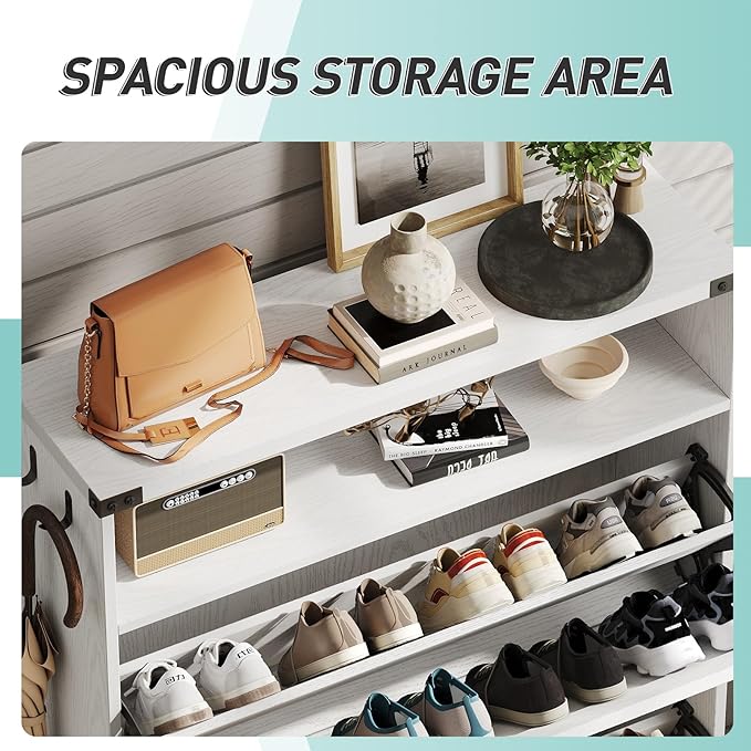 Vabches Shoe Storage Cabinet with 2 Flip Drawers,Freestanding Narrow Shoe Organizer with Open Storage,Hidden Slim Organizer Rack for Entryway,Hallway,White