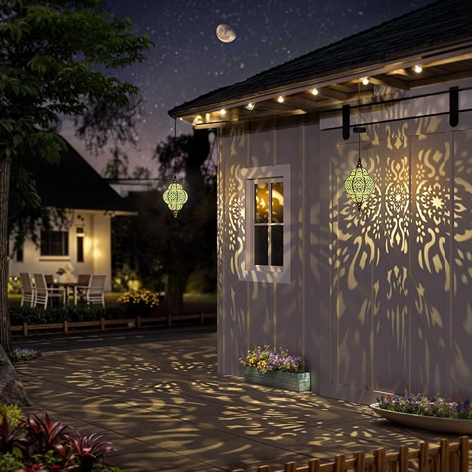 Hapjoy Hanging Solar Lights Outdoor Garden Decor Solar Lantern Waterproof Plastic Moroccan Outdoor Decorations for Patio Pathway Yard Backyard Garden Decorative (2 Pack, Bronze)