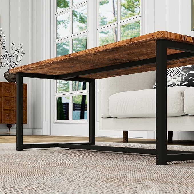 Coffee Table Rectangular Center Table for Living Room Open Space Side Table with Metal Frame, Easy Assembly, Black+ Rustic Brown Wood Coffee Table