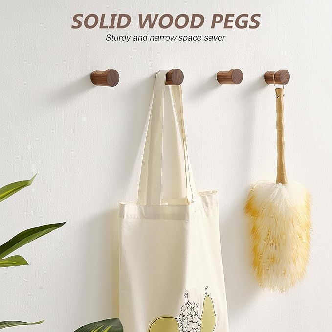 Wooden Wall Hooks 6 Pack, Modern Decorative Coat Hook Wall-Mount, Handmade Rustic Hat Hooks, Entryway Wall Hangers for Hanging Coats Hats Backpack, Bathroom Wood Towel Rack (Walnut)
