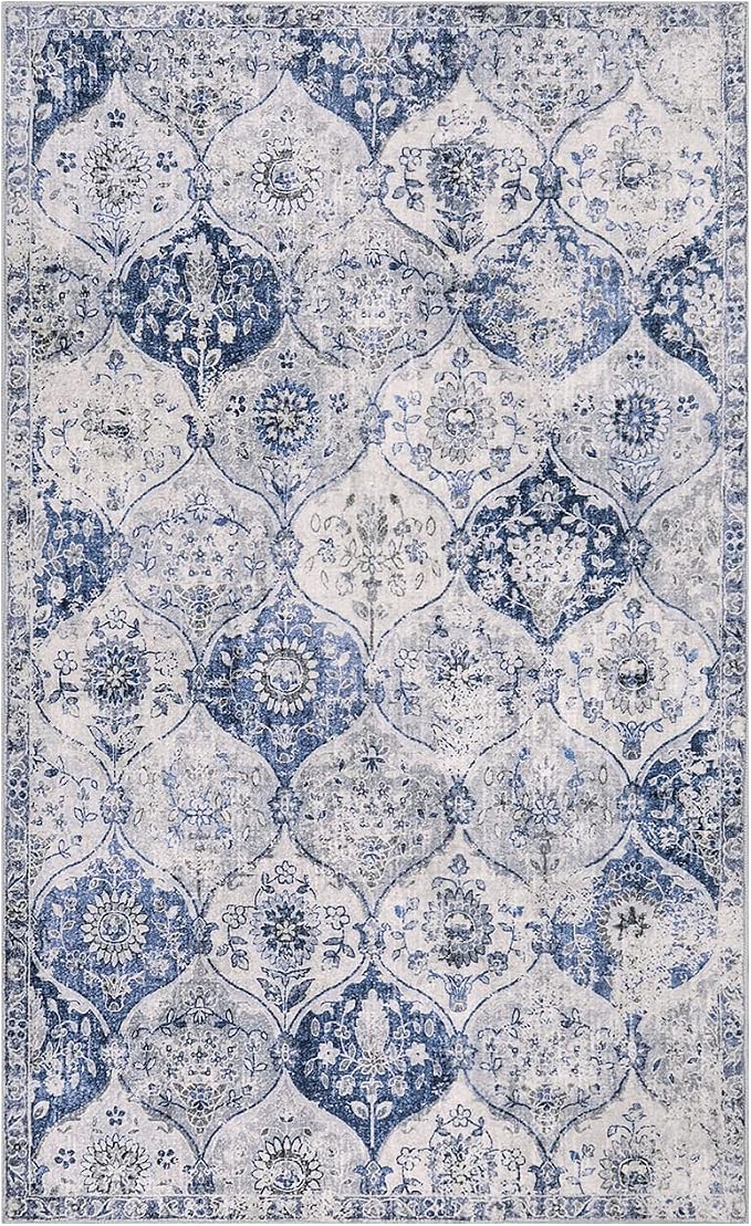 Lahome Moroccan Trellis Washable Small Area Rug, 3x5 Area Rug for Bedroom Living Room, Non-Slip Oriental Throw Carpet for Kitchen Office Entryway Bathroom Office Elise, White/Royal Blue