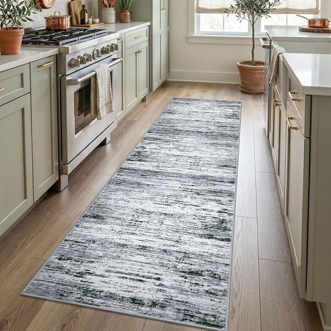 Lansny Modern Abstract Runners for Hallways 2x8, Washable Runner Rug Non-Slip Indoor Soft Thin Hallway Runner Rugs, Print Faux Wool Kitchen Runners Floor Carpet for Entryway Bedroom, Black Grey White