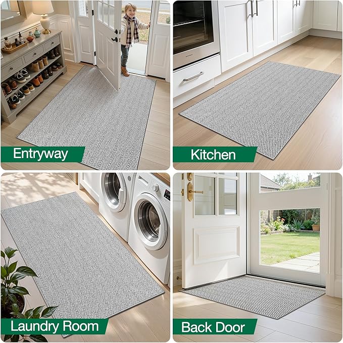 LUMI Ultra Thin Indoor Door Mat for Entrance 48"x72", Non Slip Entryway Mat, Low Profile Doormat, Unique Herringbone Design Carpet for Inside, Patio, Porch, Gray