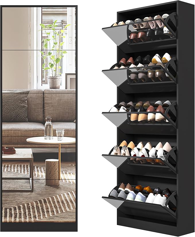 Shoe Storage Cabinet with Full Length Mirror, 30 Pairs & 5 Flip Drawer, Free Standing Shoe Rack Cabinet, Narrow Shoes Organizer for Front Door, Entryway (2-Shelf of Drawers, Black)