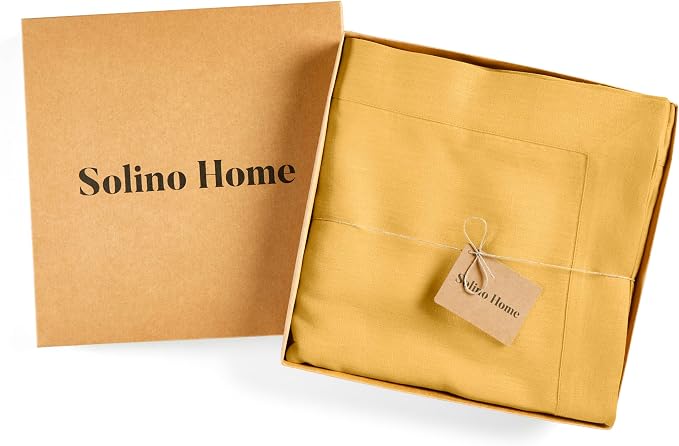 Solino Home Linen Tablecloth 60 x 90 Inch - 100% Pure Linen Mustard Yellow Table Cloth for Rectangle Tables - Fete, Machine Washable Tablecloth for Summer