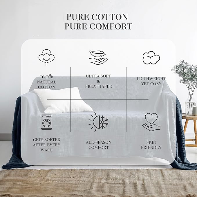Cloud Like Washable Sofa Cover%100 Pure Cotton, Gauze Couch Covers for L Shape, U Shape, Sectional Sofa, Large Muslin Natural Fabric, Prewashed Couch Cover (Space Blue, 95x118 / 240x300 cm)