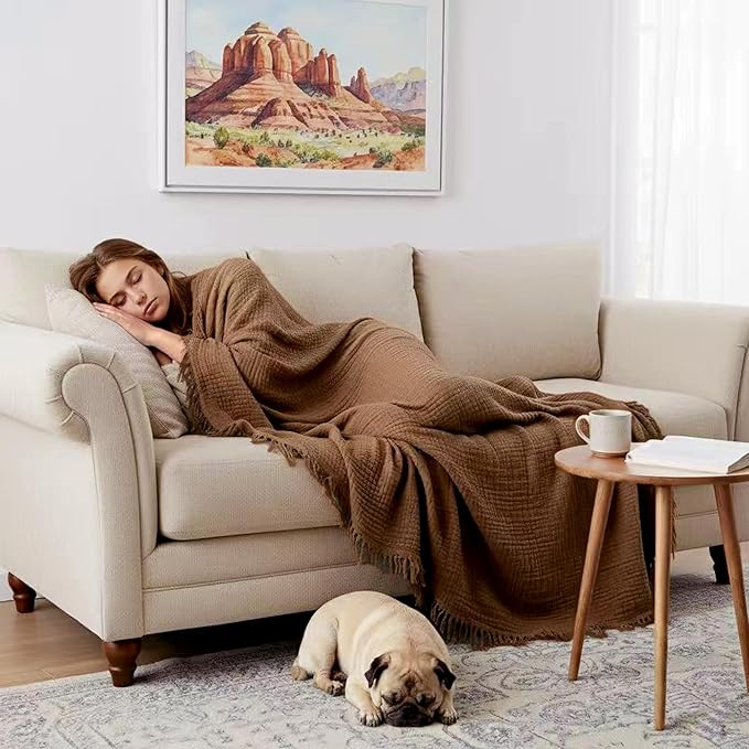 KyraHome 100% Cotton Throw Blankets, 90"x104" King Size, Organic Cotton Pre-Washed, Lightweight Gauze Fall Throw Blankets, Layering Muslin Blankets Bed Coverlet, All Season, (Brown)