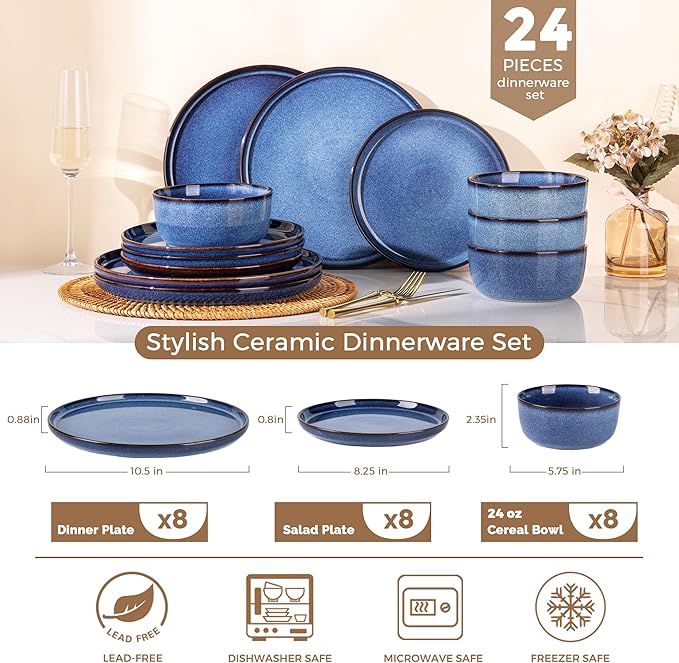 GBHOME Dinnerware Sets for 8, 24 Pieces Stoneware Plates and Bowls Sets, Scratch Resistant Ceramic Dishes, Dishwasher & Microwave Safe, Reactive Glaze-Sea Blue