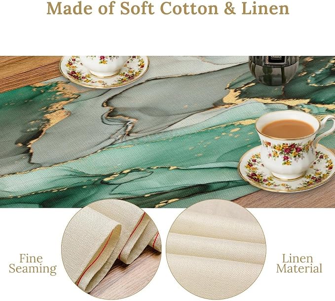 Marble Table Runner,Abstract Green Jade Gold Luxury Flow Liquid Modern Home Vintage Stone Pattern Table Runner for Coffee Table Dining Room Table Bedroom Party Holiday Decor 13x36inch