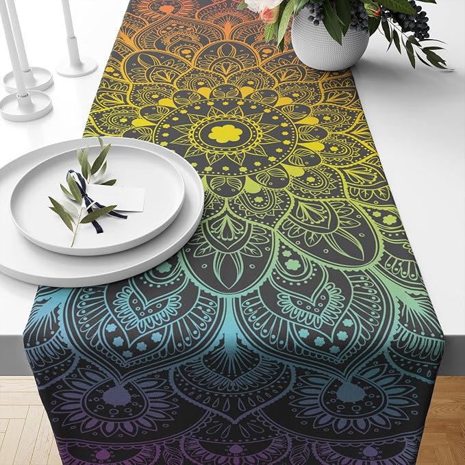YCness Retro Ethnic Boho Table Runner, Mandala Hippie Art Mandala Rainbow Colorful Dining Room Kitchen Living Room Party Holiday, 13x36 Inch